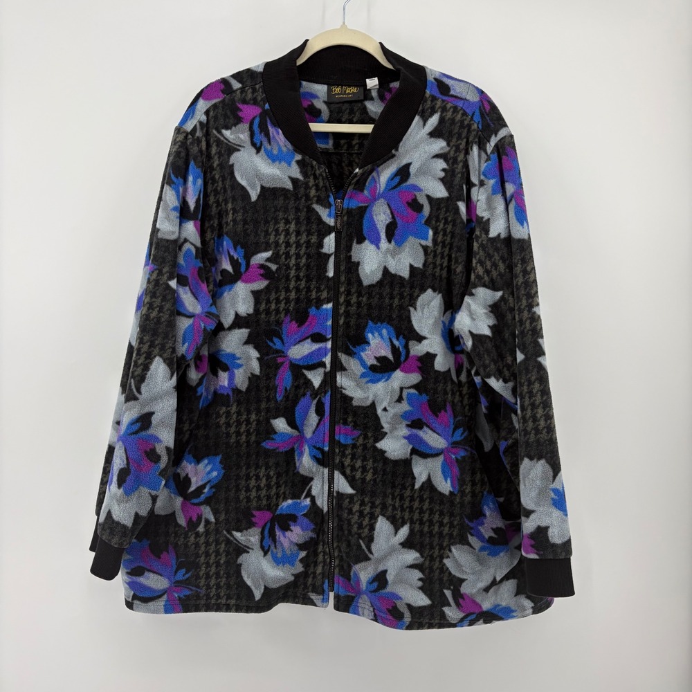 Bob Mackie Womens 3X Multicolor Fleece Jacket Floral Houndstooth Full Zip Bomber